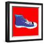 Single Blue Sneaker on Red. Available-Cienpies Design-Framed Art Print