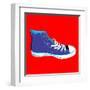Single Blue Sneaker on Red. Available-Cienpies Design-Framed Art Print