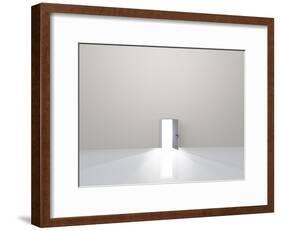 Single Door In Pure White Space Emits Light-rolffimages-Framed Art Print