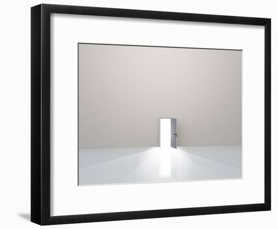 Single Door In Pure White Space Emits Light-rolffimages-Framed Art Print