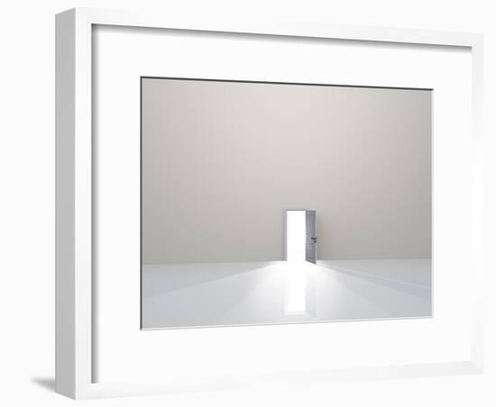 Single Door In Pure White Space Emits Light-rolffimages-Framed Art Print