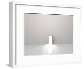 Single Door In Pure White Space Emits Light-rolffimages-Framed Art Print