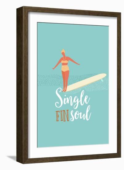 Single Fin Soul - Surfing Illustration with Longboard Balancing Surfer Girl-Tasiania-Framed Art Print