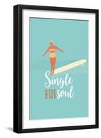 Single Fin Soul - Surfing Illustration with Longboard Balancing Surfer Girl-Tasiania-Framed Art Print