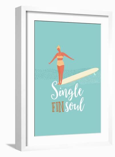 Single Fin Soul - Surfing Illustration with Longboard Balancing Surfer Girl-Tasiania-Framed Art Print