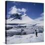 Single Gentoo Penguin on Ice in a Snowy Landscape, on the Antarctic Peninsula, Antarctica-Geoff Renner-Stretched Canvas