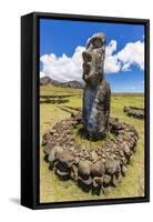 Single Moai Statue Guards the Entrance at the 15 Moai Restored Ceremonial Site of Ahu Tongariki-Michael Nolan-Framed Stretched Canvas