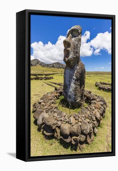 Single Moai Statue Guards the Entrance at the 15 Moai Restored Ceremonial Site of Ahu Tongariki-Michael Nolan-Framed Stretched Canvas