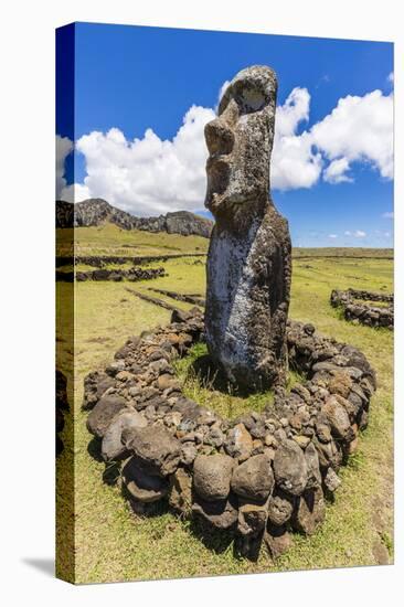 Single Moai Statue Guards the Entrance at the 15 Moai Restored Ceremonial Site of Ahu Tongariki-Michael Nolan-Stretched Canvas