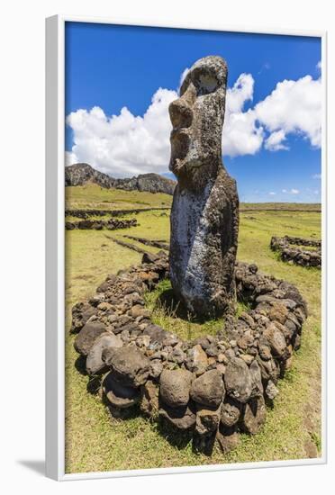 Single Moai Statue Guards the Entrance at the 15 Moai Restored Ceremonial Site of Ahu Tongariki-Michael Nolan-Framed Photographic Print