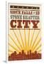 Sioux Falls, South Dakota - Skyline and Sunburst Screenprint Style-Lantern Press-Framed Art Print