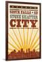 Sioux Falls, South Dakota - Skyline and Sunburst Screenprint Style-Lantern Press-Framed Art Print