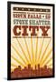 Sioux Falls, South Dakota - Skyline and Sunburst Screenprint Style-Lantern Press-Framed Art Print