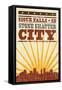 Sioux Falls, South Dakota - Skyline and Sunburst Screenprint Style-Lantern Press-Framed Stretched Canvas
