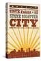 Sioux Falls, South Dakota - Skyline and Sunburst Screenprint Style-Lantern Press-Stretched Canvas