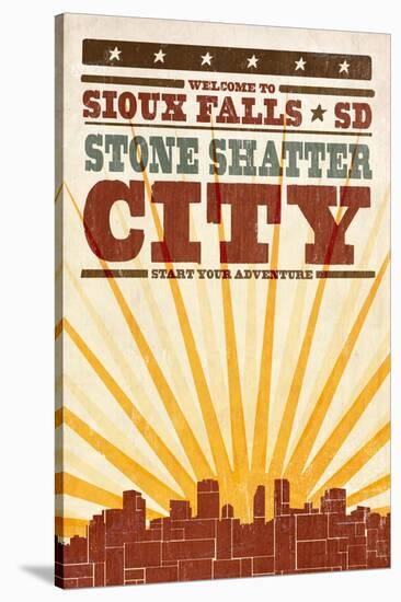 Sioux Falls, South Dakota - Skyline and Sunburst Screenprint Style-Lantern Press-Stretched Canvas