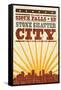 Sioux Falls, South Dakota - Skyline and Sunburst Screenprint Style-Lantern Press-Framed Stretched Canvas