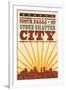 Sioux Falls, South Dakota - Skyline and Sunburst Screenprint Style-Lantern Press-Framed Art Print