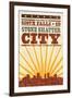 Sioux Falls, South Dakota - Skyline and Sunburst Screenprint Style-Lantern Press-Framed Art Print