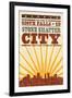 Sioux Falls, South Dakota - Skyline and Sunburst Screenprint Style-Lantern Press-Framed Art Print