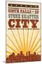 Sioux Falls, South Dakota - Skyline and Sunburst Screenprint Style-Lantern Press-Mounted Art Print