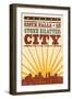Sioux Falls, South Dakota - Skyline and Sunburst Screenprint Style-Lantern Press-Framed Art Print