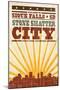 Sioux Falls, South Dakota - Skyline and Sunburst Screenprint Style-Lantern Press-Mounted Art Print