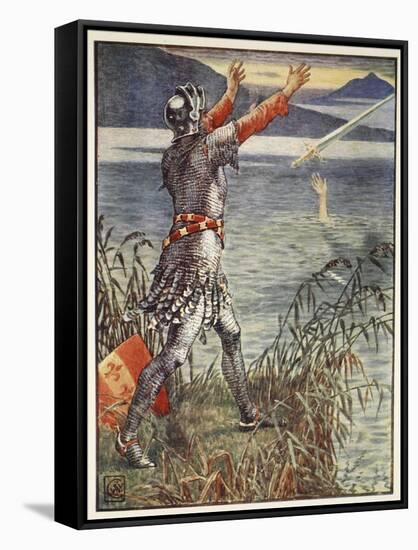 Sir Bedivere casts sword Excalibur into the Lake, from 'Stories of Knights of Round Table'-Walter Crane-Framed Stretched Canvas