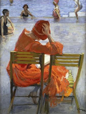 Girl in a Red Dress, Seated by a Swimming Pool