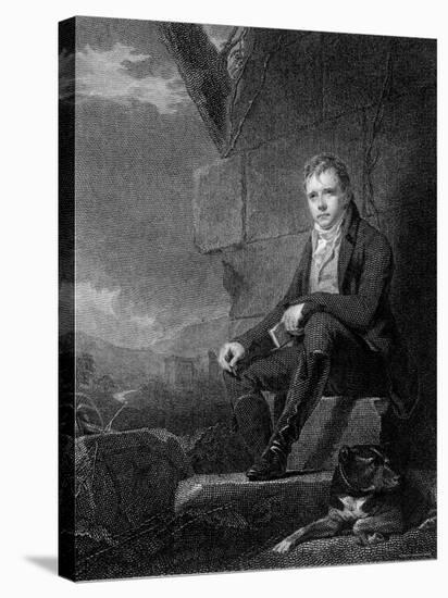 Sir Walter Scott, Scottish Novelist and Poet, Sitting Next to a Stone Wall with a Dog-null-Stretched Canvas
