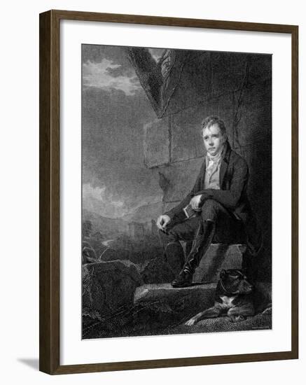 Sir Walter Scott, Scottish Novelist and Poet, Sitting Next to a Stone Wall with a Dog-null-Framed Photographic Print