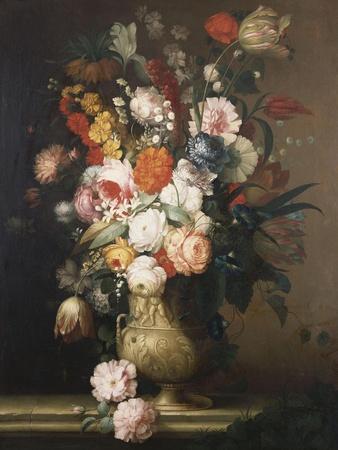 Roses, Tulips, Carnations and Other Flowers, in an Urn on a Ledge