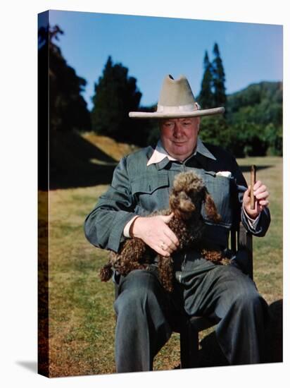 Sir Winston Churchill Wearing Straw Hat while Holding Pet Poodle at Chartwell Manor-Hans Wild-Stretched Canvas