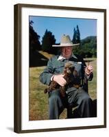 Sir Winston Churchill Wearing Straw Hat while Holding Pet Poodle at Chartwell Manor-Hans Wild-Framed Premium Photographic Print