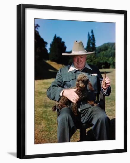 Sir Winston Churchill Wearing Straw Hat while Holding Pet Poodle at Chartwell Manor-Hans Wild-Framed Premium Photographic Print