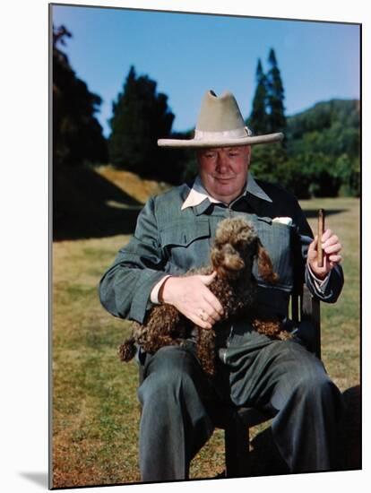 Sir Winston Churchill Wearing Straw Hat while Holding Pet Poodle at Chartwell Manor-Hans Wild-Mounted Premium Photographic Print