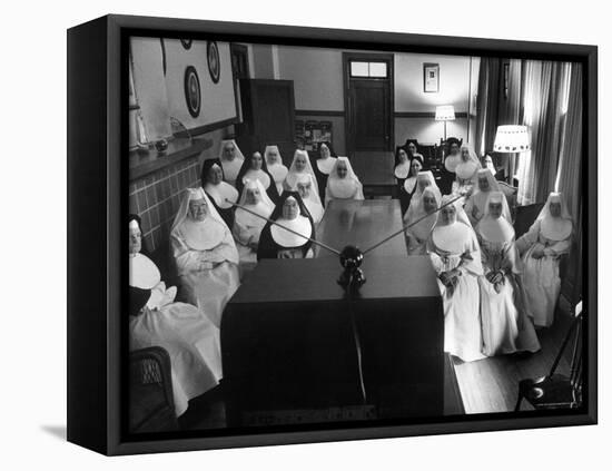 Sisters at St. Vincent's Hospital in Recreation Room Watching Program from New Local TV Station-Ralph Morse-Framed Stretched Canvas