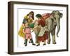 Sisters Encouraging Elephant Ride-null-Framed Art Print