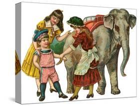 Sisters Encouraging Elephant Ride-null-Stretched Canvas