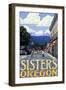 Sisters, Oregon - Town Scene and Mountains Quilt Design-Lantern Press-Framed Art Print