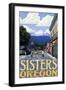 Sisters, Oregon - Town Scene and Mountains Quilt Design-Lantern Press-Framed Art Print