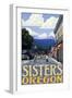 Sisters, Oregon - Town Scene and Mountains Quilt Design-Lantern Press-Framed Art Print