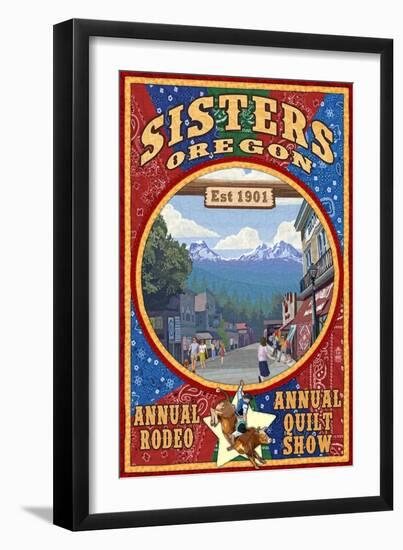 Sisters, Oregon - Town Scene Quilt Design-Lantern Press-Framed Art Print