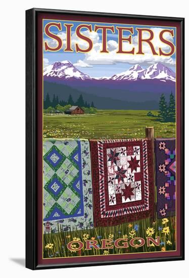 Sisters, Oregon View with Quilts on Fence, c.2009-Lantern Press-Framed Art Print