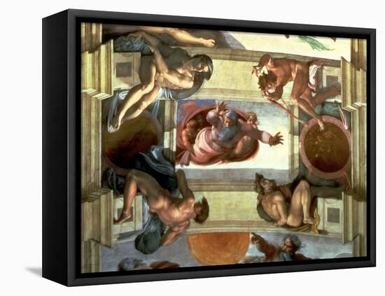 Sistine Chapel Ceiling: God Separating the Land from the Sea, with Four Ignudi, 1510-Michelangelo Buonarroti-Framed Stretched Canvas