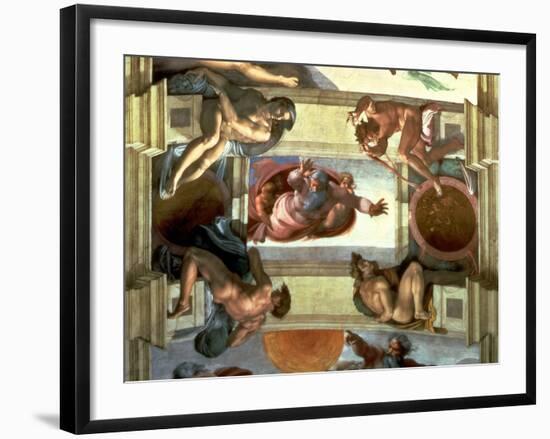 Sistine Chapel Ceiling: God Separating the Land from the Sea, with Four Ignudi, 1510-Michelangelo Buonarroti-Framed Giclee Print