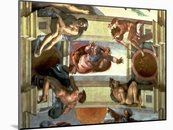 Sistine Chapel Ceiling: God Separating the Land from the Sea, with Four Ignudi, 1510-Michelangelo Buonarroti-Mounted Giclee Print