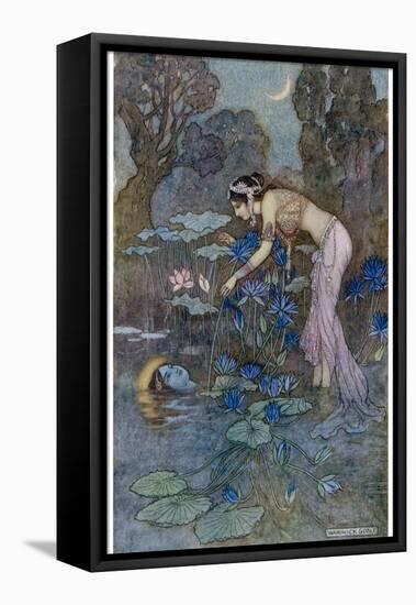 Sita Finds Rama (Seventh Avatar of Vishnu) Among the Lotus Blooms-Warwick Goble-Framed Stretched Canvas
