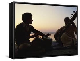 Sitar and Tabla Player Beside the Ganga River, Varanasi, Uttar Pradesh State, India-John Henry Claude Wilson-Framed Stretched Canvas