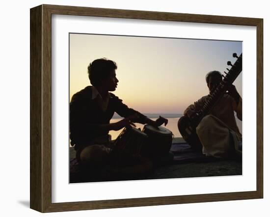 Sitar and Tabla Player Beside the Ganga River, Varanasi, Uttar Pradesh State, India-John Henry Claude Wilson-Framed Photographic Print